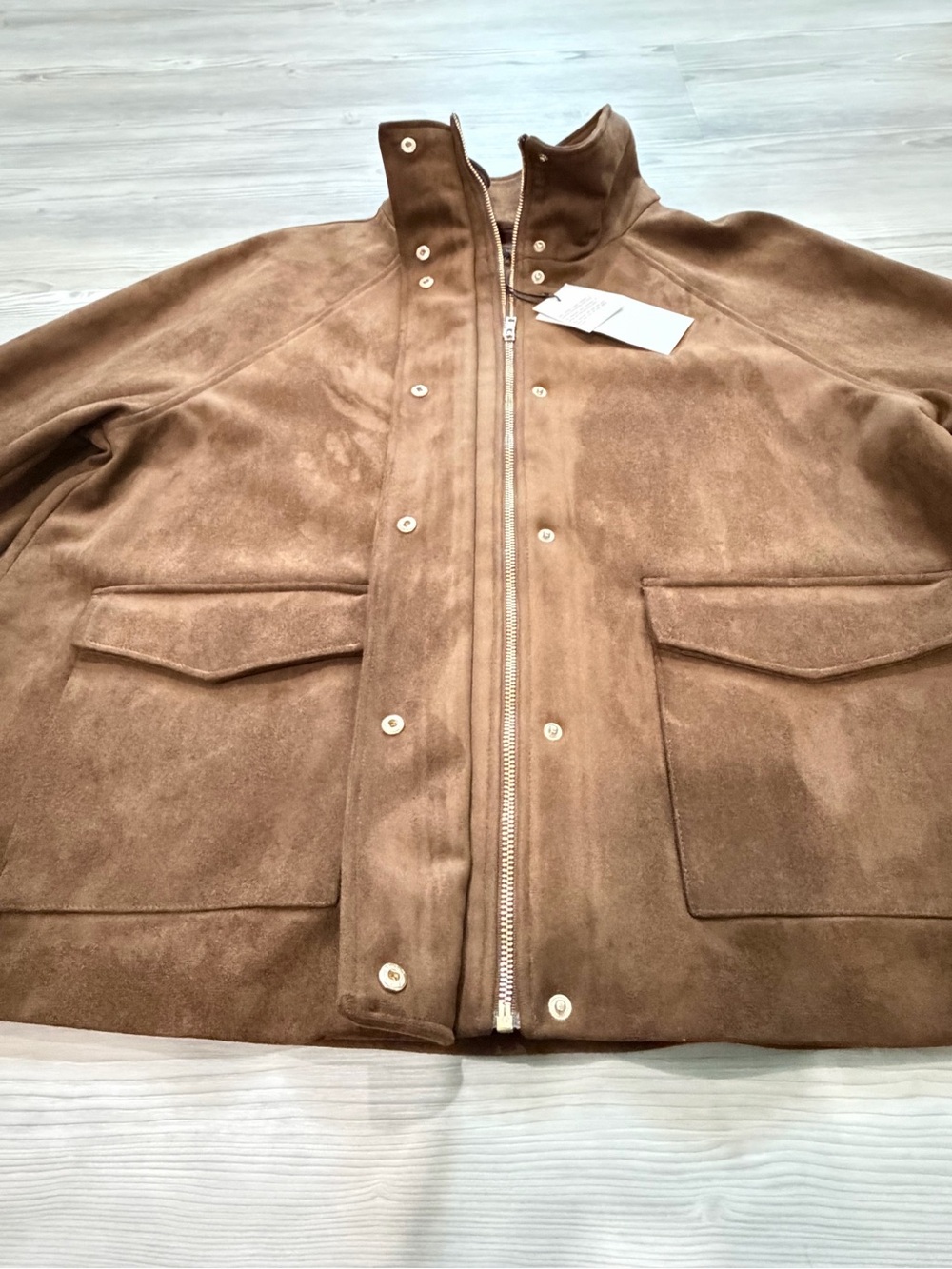 BNWT ZARA FAUX SUEDE JACKET, Gorgeous Brown / gold zip & snap buttons- Medium - Picture 4 of 17